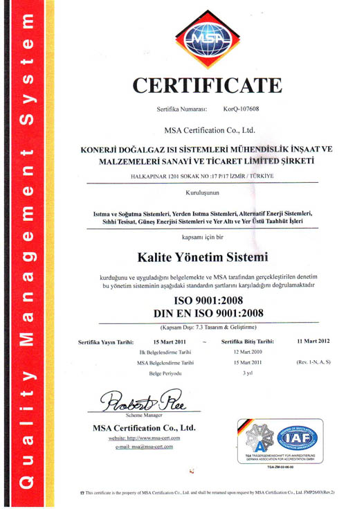 KONERJ� M�h.Ltd.�ti. Kalite y�netim sertifikas�