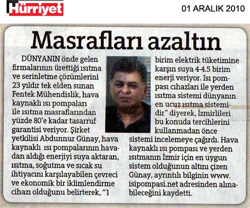 ISI POMPASI KONUSUNDA HÜRRİYET GAZETESİNDE ÇIKAN HABERİMİZ