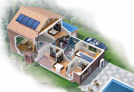 müstakil evler için ısıtma çözümü , hava kaynaklı ısı pompası , termik güneş enerjisi , yerden ısıtma ve fan coil ile 